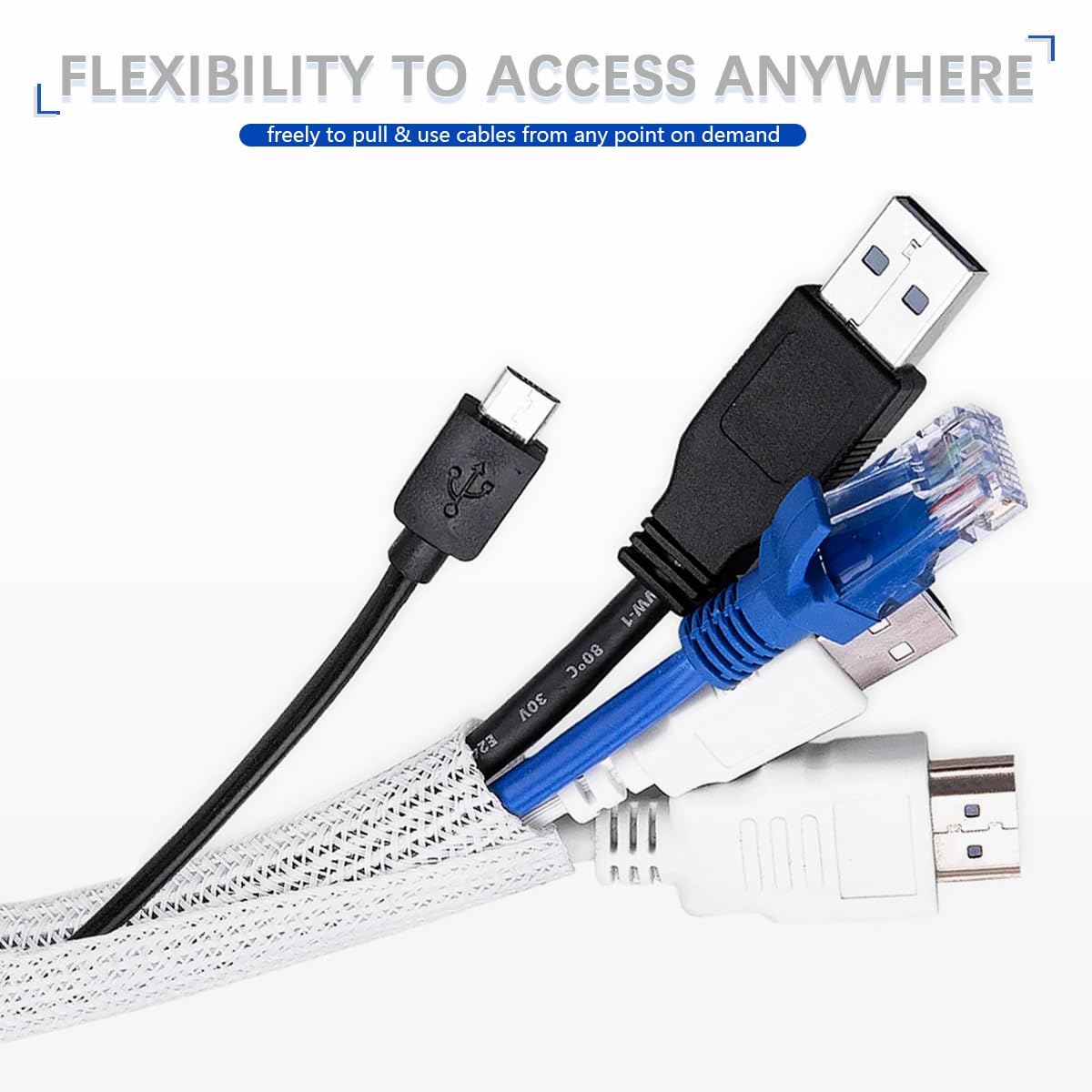 ILLUVA 10FT Cable Tidy White Sleeve (Φ1/2"), Flame-Retardant Desk Cable Management for USB & Computer Wires - Image 3