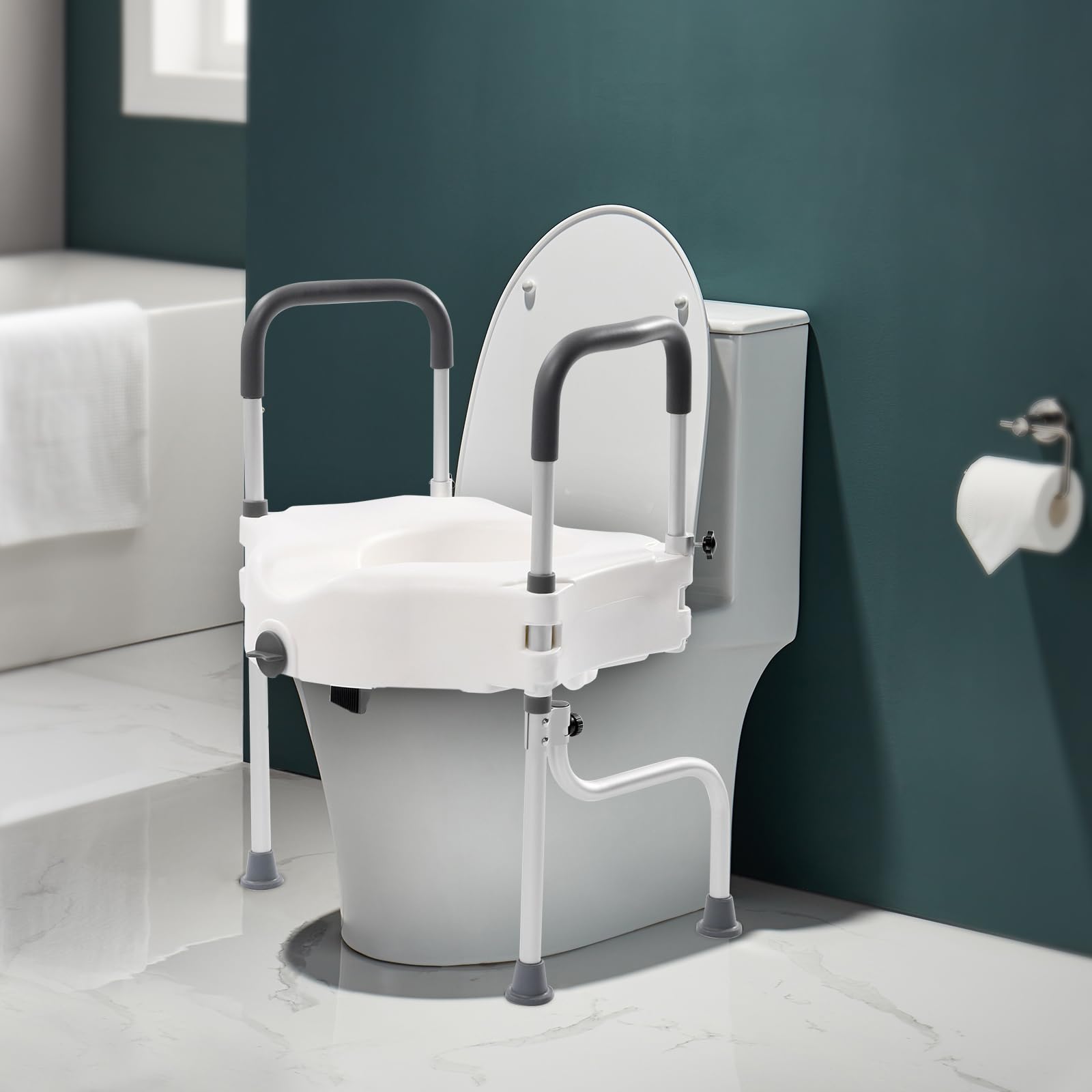 Rialzo per WC con braccioli, 3 in 1, portata 150 kg, supporto WC regolabile in altezza, in alluminio, per anziani, donne incinte e riconvalescenti