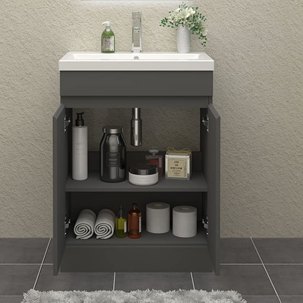 Waschtisch mit Unterschrank 60 cm Breit Stehend Grau Badmöbel Set 2 Soft-Close Türe MDF-Platte
