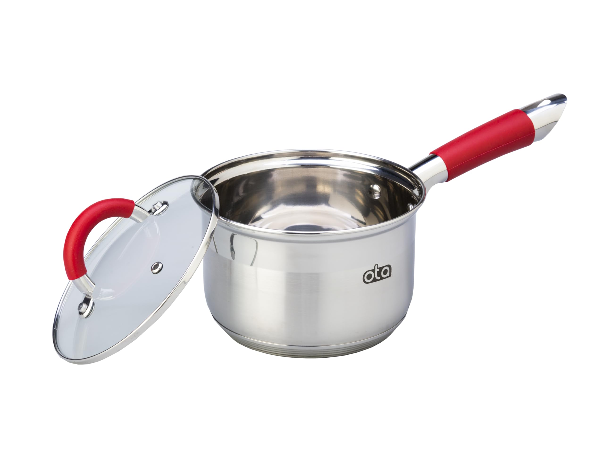 OTA Batería de Cocina 12 Piezas Acero Inoxidable Tapas de Cristal Apto para todo tipo de cocina con Asas Rojas