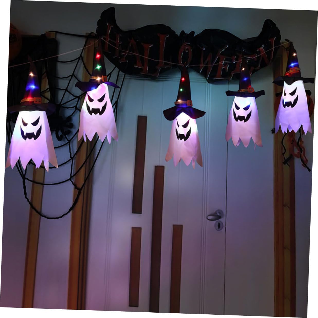 ULTECHNOVO Halloween USB Ghost String Lights, Fabric 5pcs Curtain LED String Lights for Indoor Halloween Party Decorations, Ghost Hanging Ornaments for Home and Festival Lighting