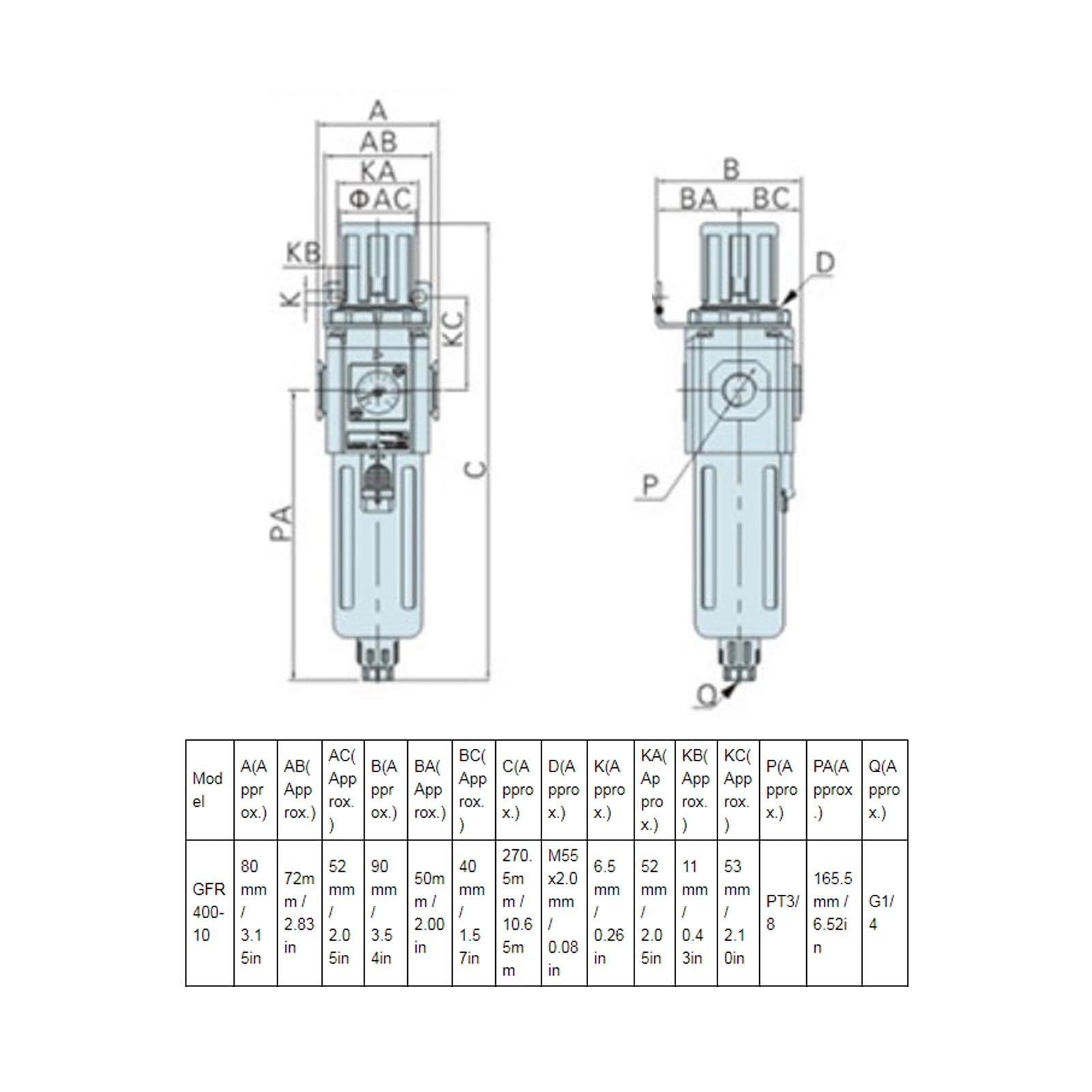Regulador de Filtro de Aire Comprimido, Filtro Regulador de Presión de Aleación de Aluminio con 3 Opciones de Drenaje y Ajuste de Presión Equilibrado, para Compresores de Aire (TFG400-10)