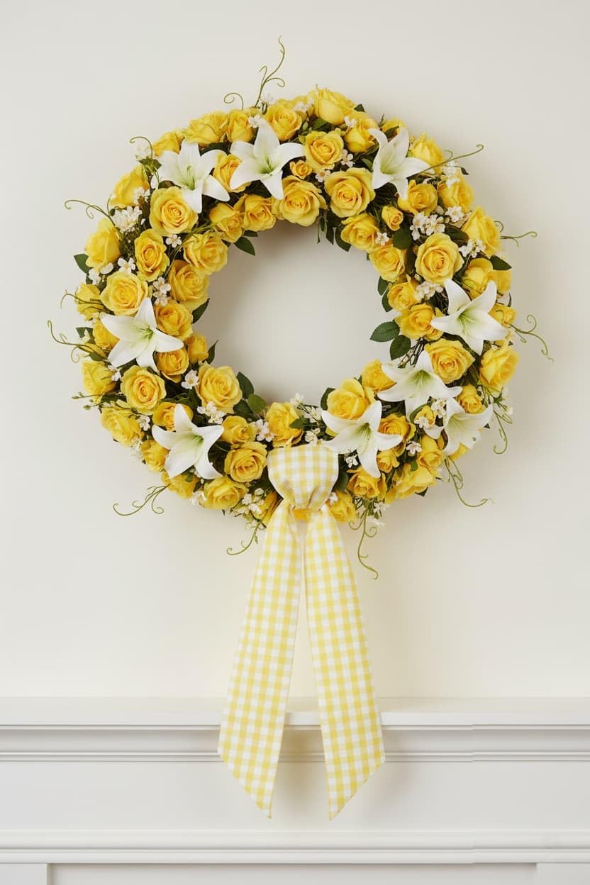 2 Pack Yellow White Plaid Wreath Sash Front Door Decoration, Blank Sashes Spring Summer Sunflower Easter Holiday Party Bow Ribbon Bundle Indoor Outdoor Farmhouse