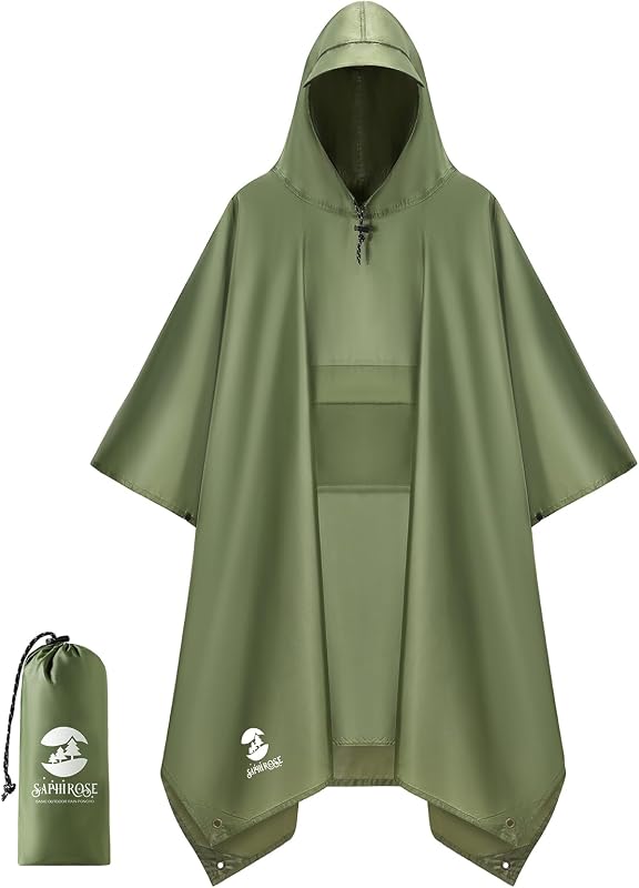 SaphiRose Poncho de lluvia de doble capa, impermeable grueso con capucha 3 en 1 | Poliéster certificado OEKO-TEX, PU 5000 MM, refugio tipo poncho 3 en 1, doble capa extra gruesa, esquinas con ojales debajo de la rodilla