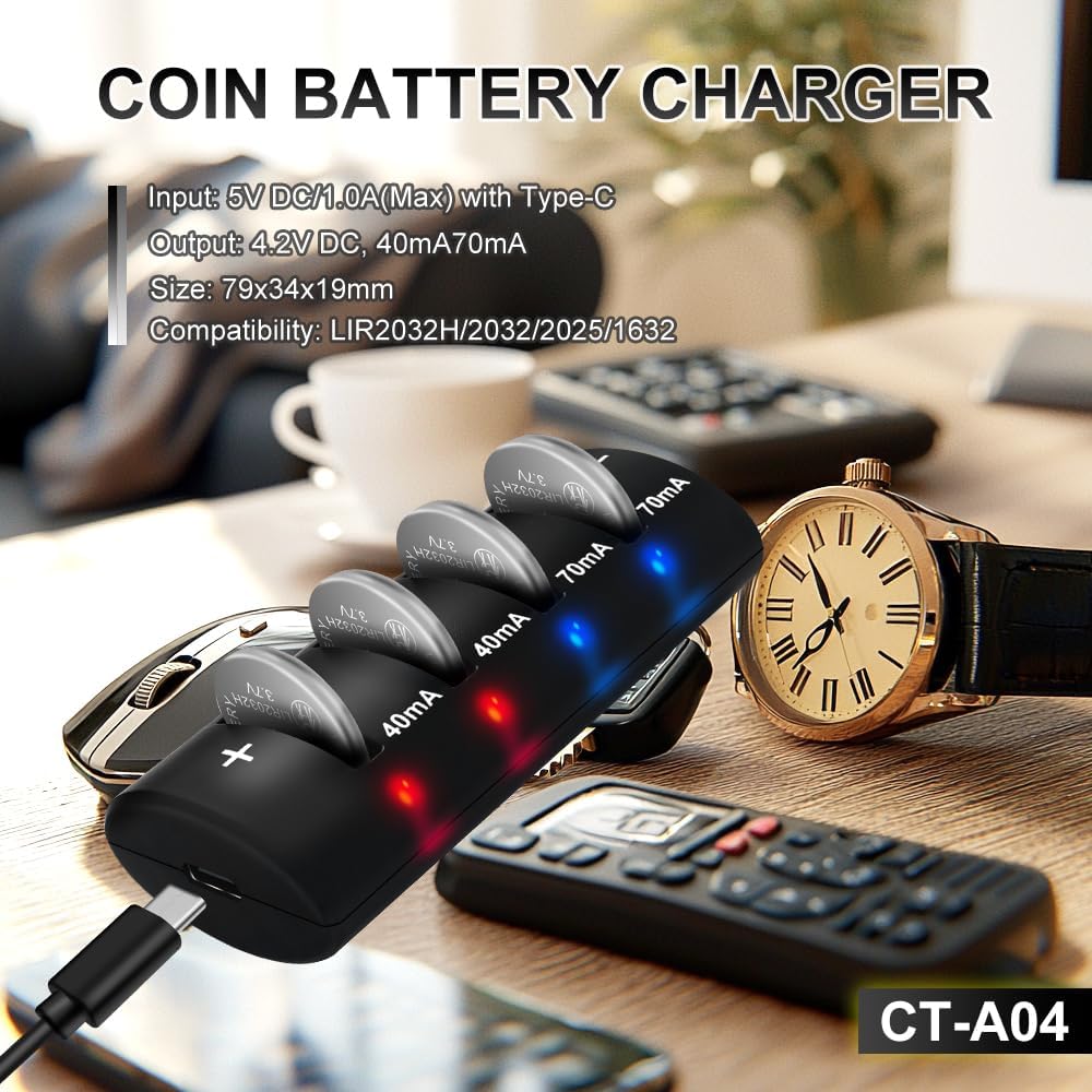 コインボタンセルバッテリーチャージャー 4ベイ USB-C高速充電器付き Lir2032H 2032 1632
