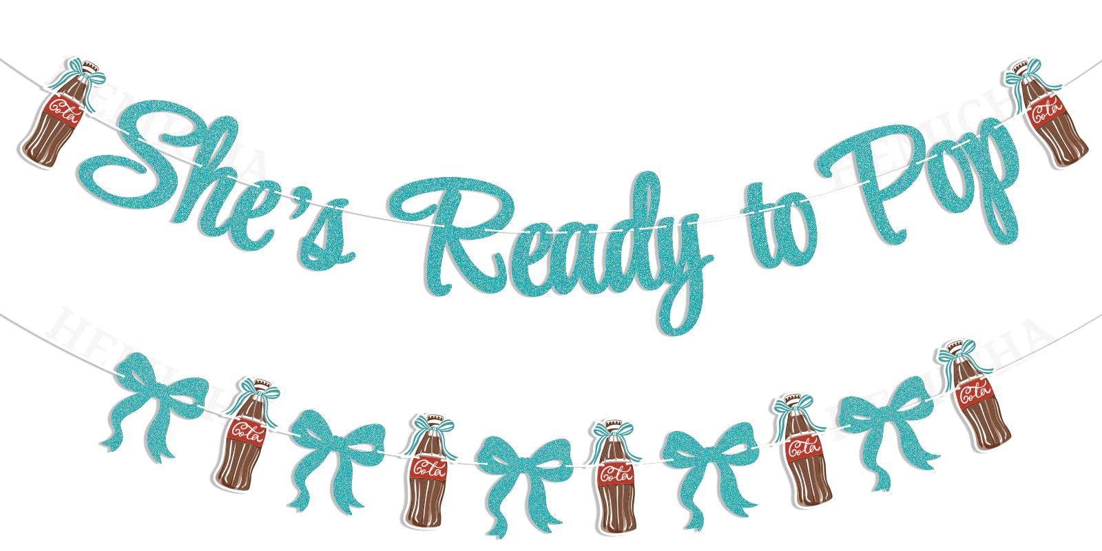 She's Ready to Pop Banner - Retro Soda Fountain Baby Shower Decor, Blue Coquette Soda Theme Gender Reveal Party Decorations Blue Glitter