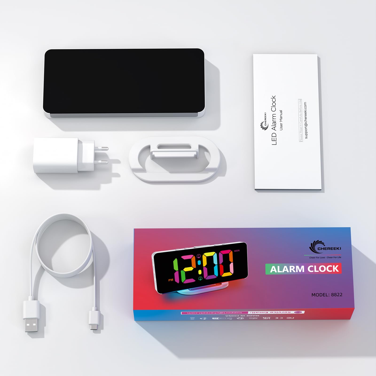 CHEREEKI Sveglia da Comodino Digitale a Corrente, Sveglie Digitali con 11 Colori Numerici e 10 Luce Notturna, Luminosita Regolabile, Alimentazione Elettrica, Bianco
