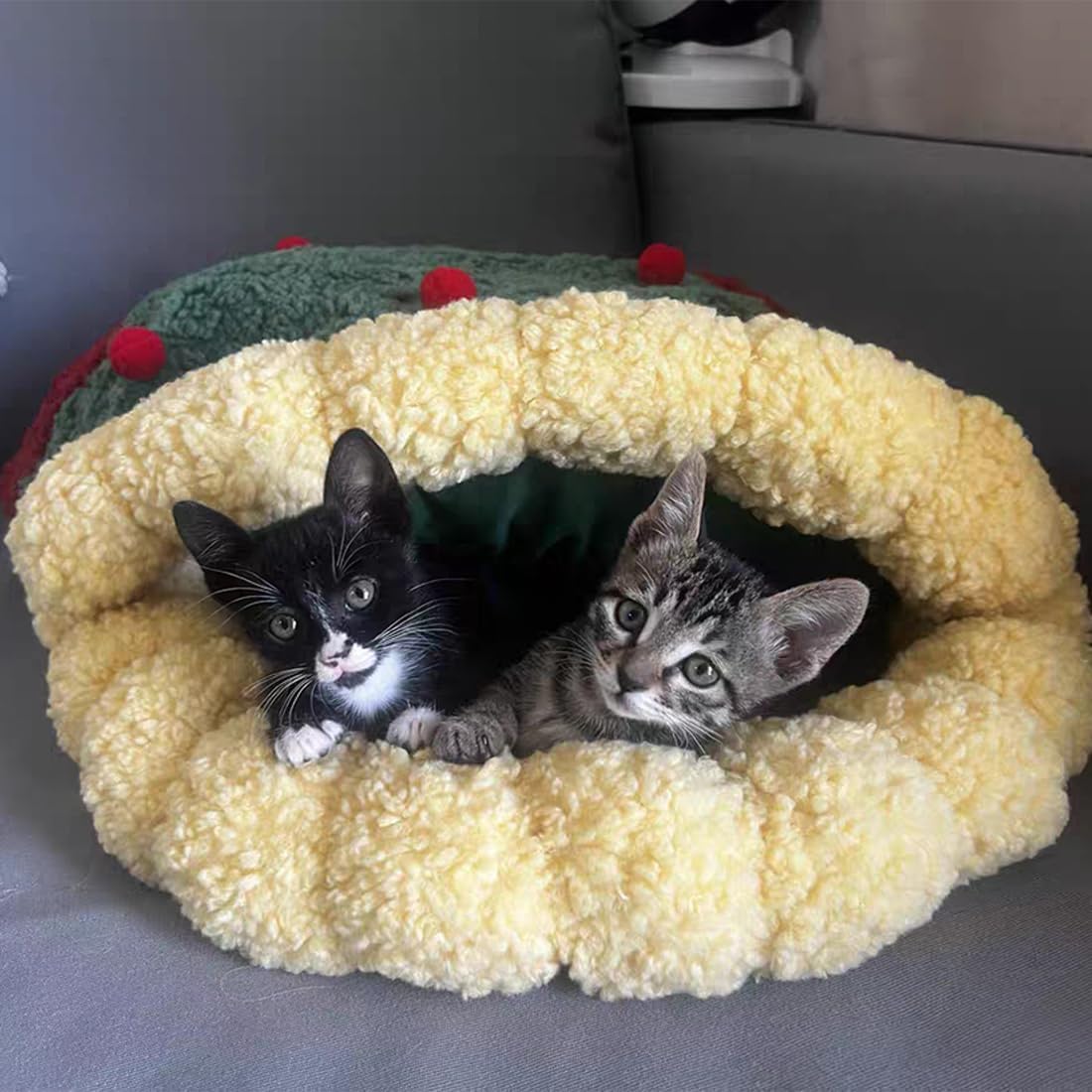 Pawsmas Christmas Tree Triangle Cat Cave Bed, Removable and Washable Winter Closed-Off Cat Bed, Semi-Enclosed Pet Sleeping Bag Foldable Cat Cave or Small Dog Bed (Round Nest, Small)