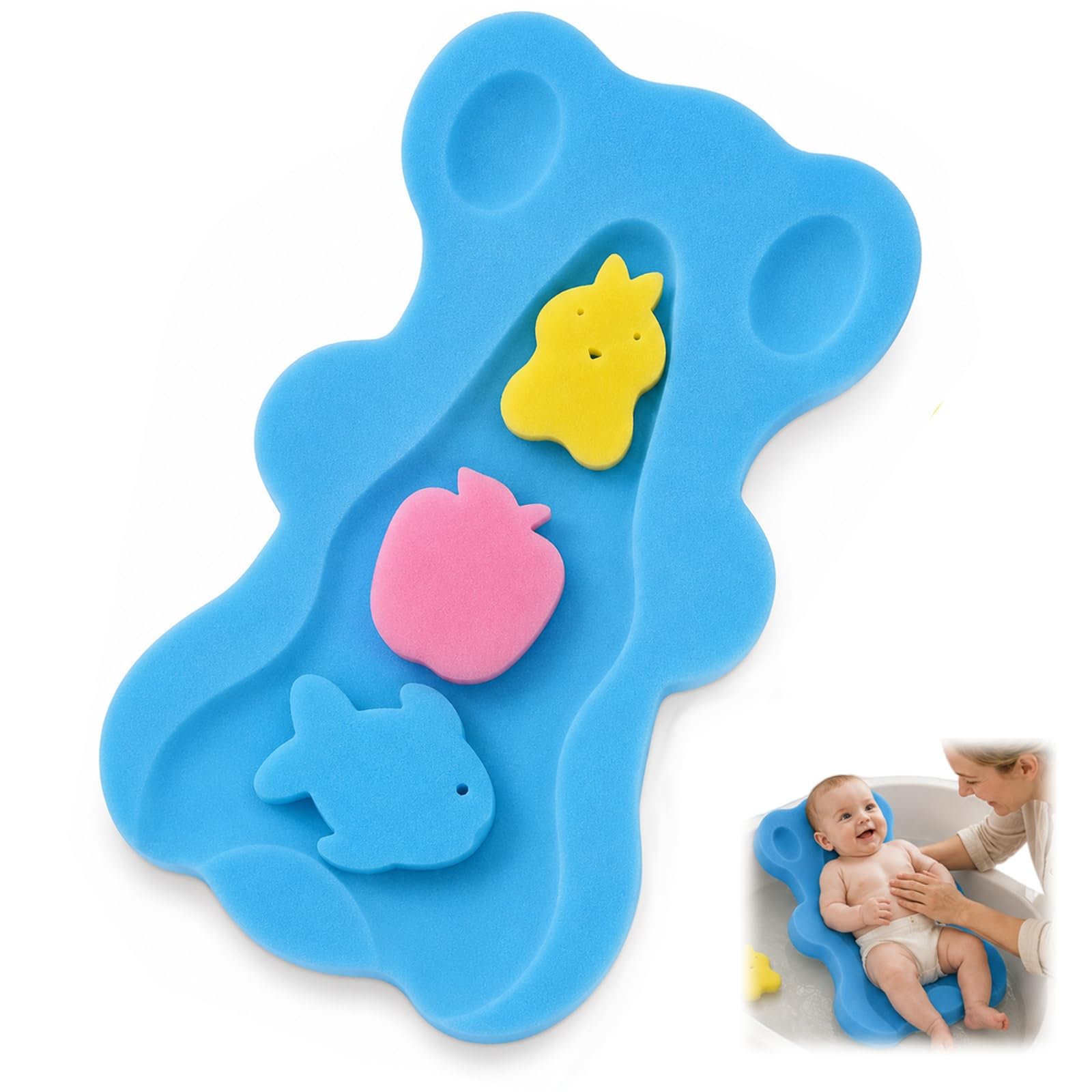 Baby Bath Sponge Support, Soft Baby Bath Cushion for Newborn & Infant, Anti-Slip Baby Bathtub Insert, Quick-Drying Sponge Bath Mat for Sink or Bathtub (Blue)