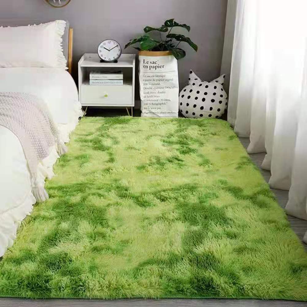Modern Shaggy Living Room Area Rugs, Anti Slip Soft Touch Fluffy Short Pile Tie-Dyed Shag Carpets Non Shedding Faux Fur Doormats,Bedroom Hard Floors Mat Sofa Bedside Nursery Kids Room (green,60x90cm)