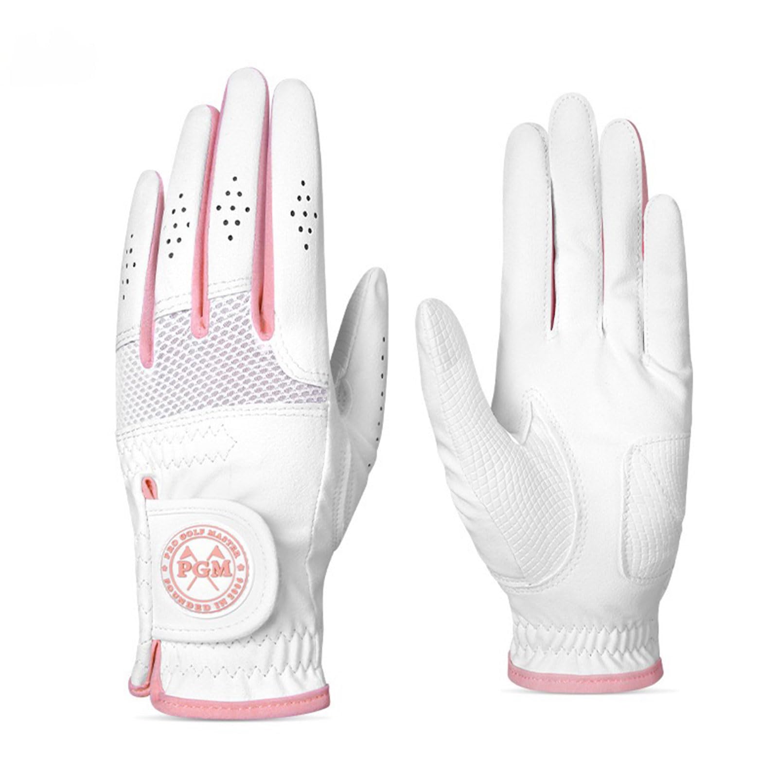 Pair Leather Women's Golf Gloves Both Hand or 2 Pack Left Right Hand, Ladies Sports Gloves, Non-Slip Wear-Resistant Gloves, Breathable, Soft, Enhanced Grip and Comfort (White Pink, 20-L)