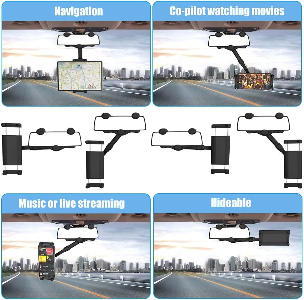 Car Rear View Mirror Phone Holder Tablet Mount for 4-13" iPad & Cell Phone, 360° Rotatable Retractable Car Truck Holder Rearview Mount for iPad Pro 12.9 Air Mini, Galaxy Z Fold 4 3, iPhone etc