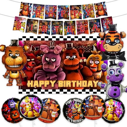 Freddys Party Decorations 11Pcs Freddys Birthday Party Supplies Set Include Freddys Backdrop 9pcs Foil Balloons Banner for Teens Kids Adults Party Decor