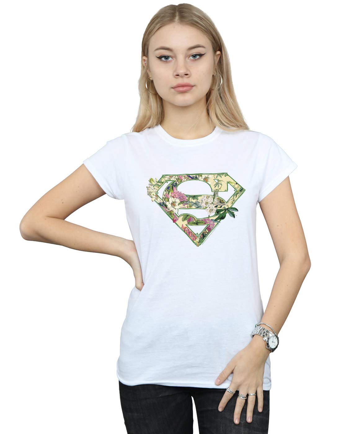 DC Comics Women's Supergirl Floral Shield T-Shirt White Medium