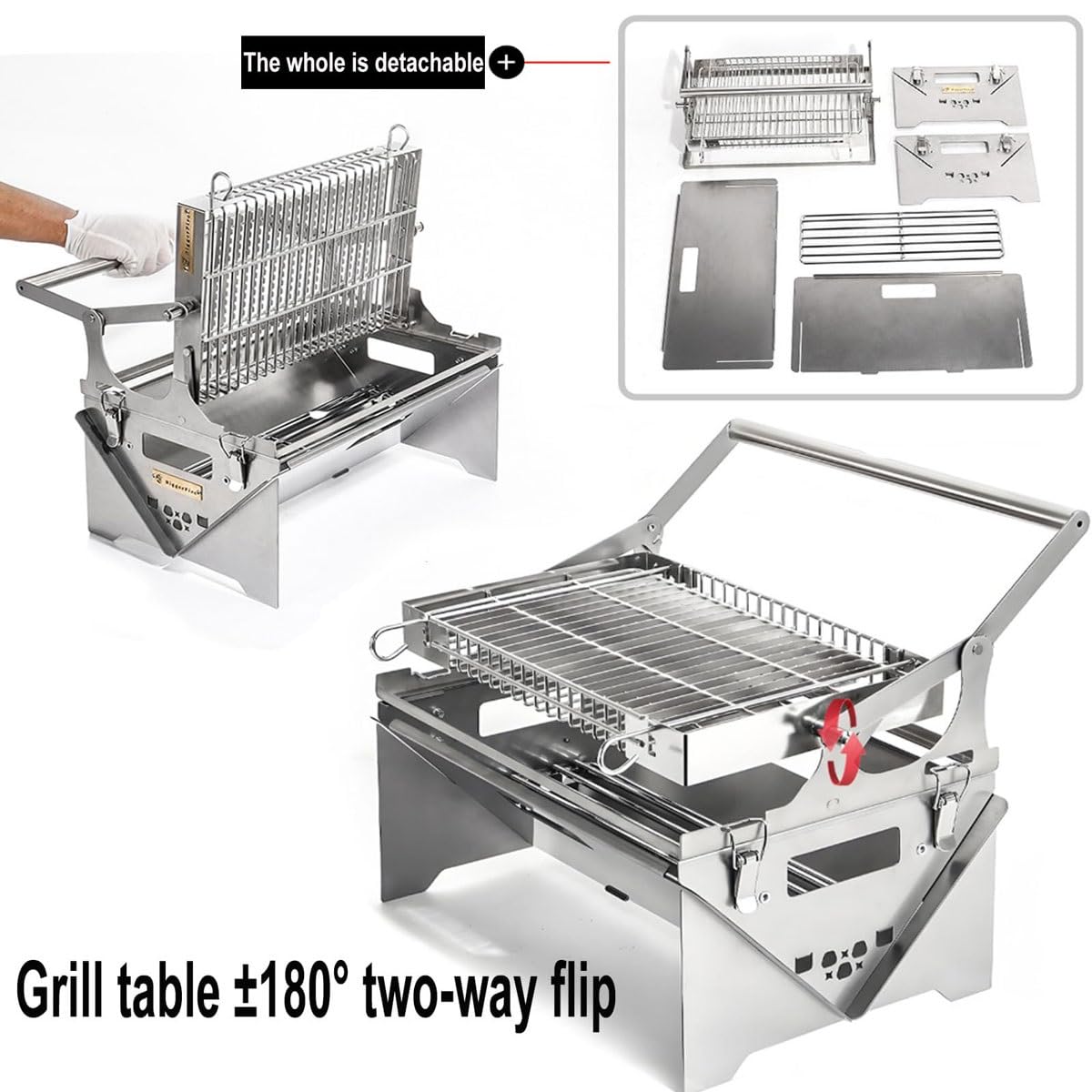 Griglia a carbone portatile girevole a 360°,griglie for barbecue girevoli in acciaio inossidabile con vassoio rimovibile e telaio in acciaio regolabile,griglia for barbecue a carbone portatile