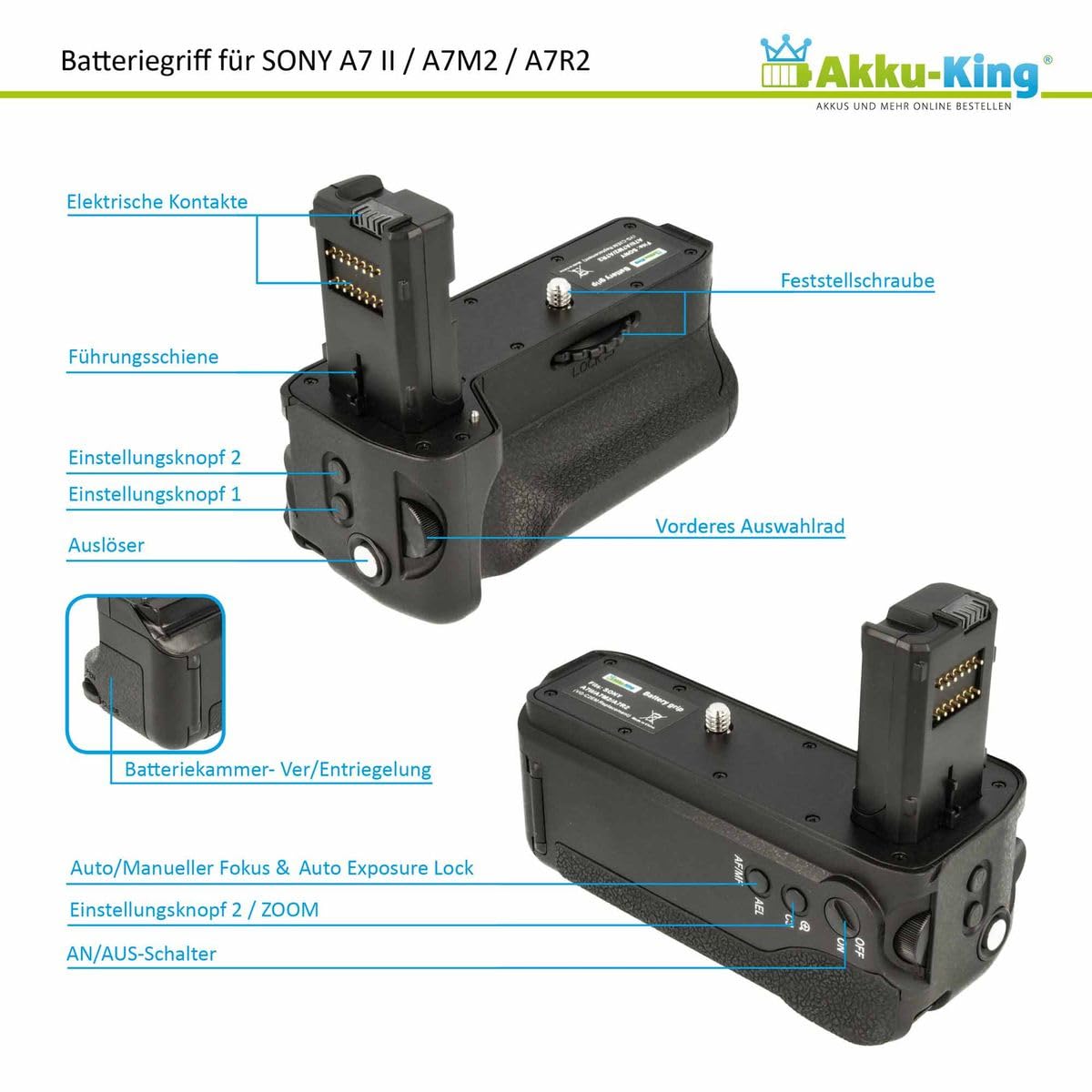 Batteriegriff kompatibel mit Sony a7 II, a7R II, a7S II - Bedienelemente am Griff - ersetzt VG-C2EM