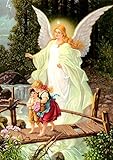 Guardian Angel Crossing Bridge with Children Canvas Print Catholic Picture Painting Angels Wall Deco
