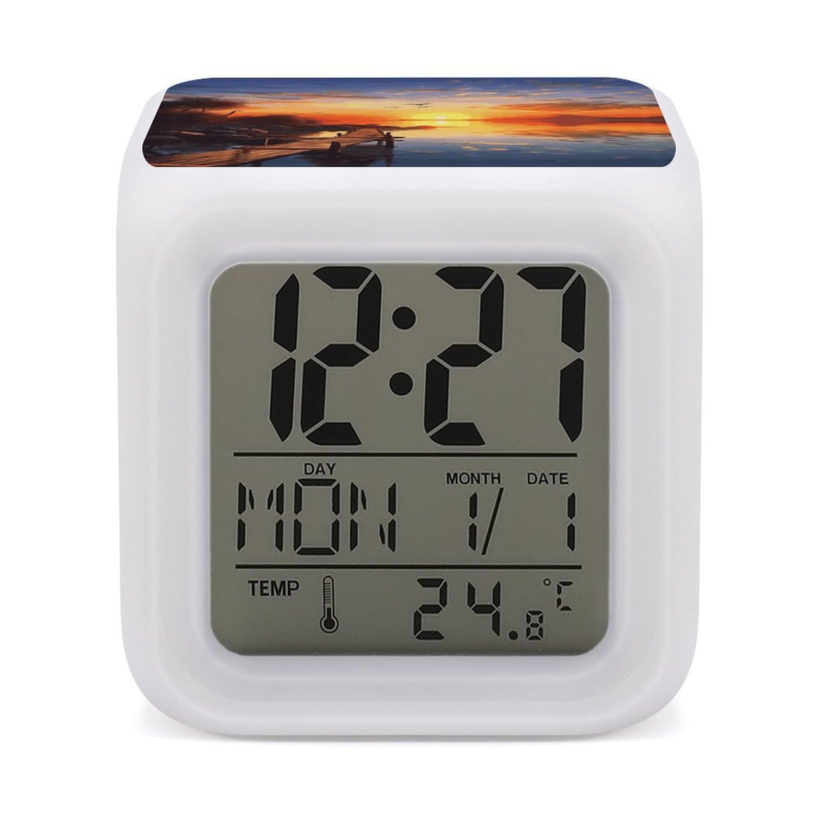 JTREHY Sunset Scenery Alarm Clock Digital Dimmable Clock for Bedroom LED Display Screen Mini Clocks 7 Color Dimmable Night Lights Time-to-Rise Alarm Clocks for Office Living Room