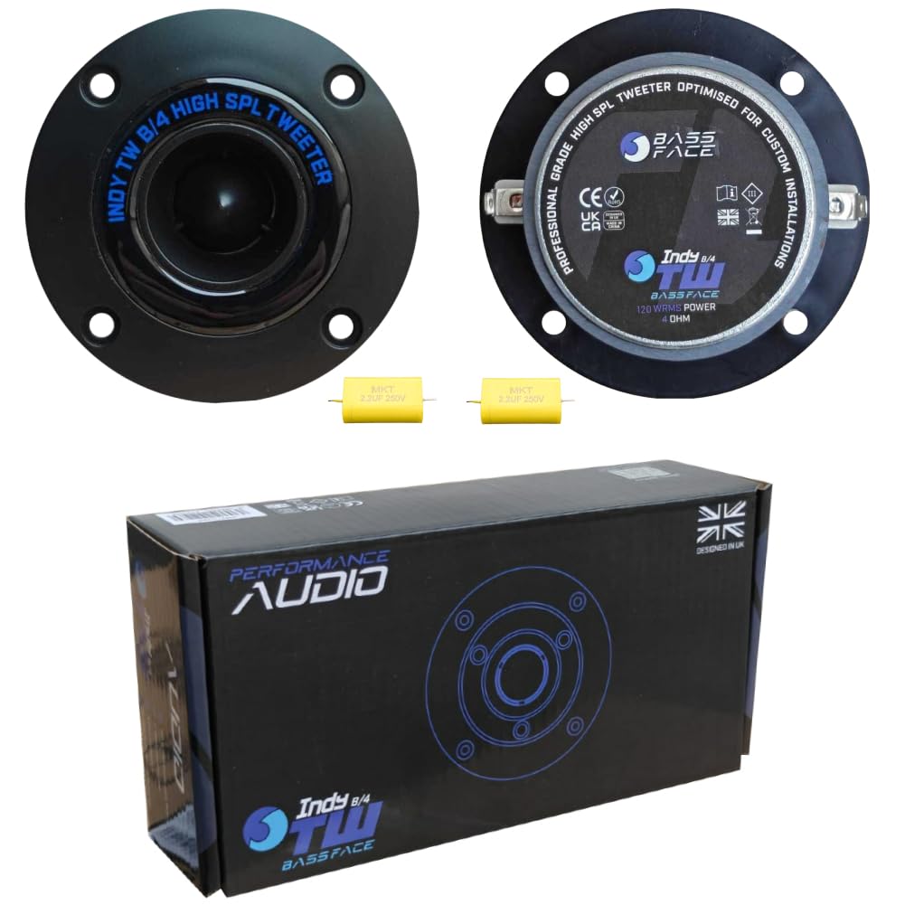 ZESTAW DO BASS FACE INDYTW/B4, 2 tweeter średnicy 9,7 cm, 120 W RMS i 240 W maks., 4 omy, 105 dB, do drzwi samochodowych, drzwi i słupków drzwiowych, w parach + darmowe kondensatory