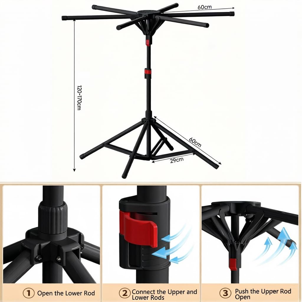 HEYOUTH Séchoir à Linge Pliable 6 Barres Extensible - Gain de Place en Acier au Carbone pour Balcon, Camping, Intérieur & Extérieur (Noir)