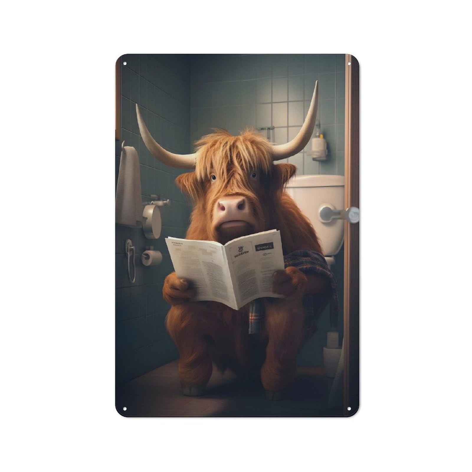 Junmoney Style-12 Garden Style Highland Cow On The Toilet Tin Sign 30X20cm, Porch Wall Decor For Patio Bar, Workshop, Shed Or Kitchen