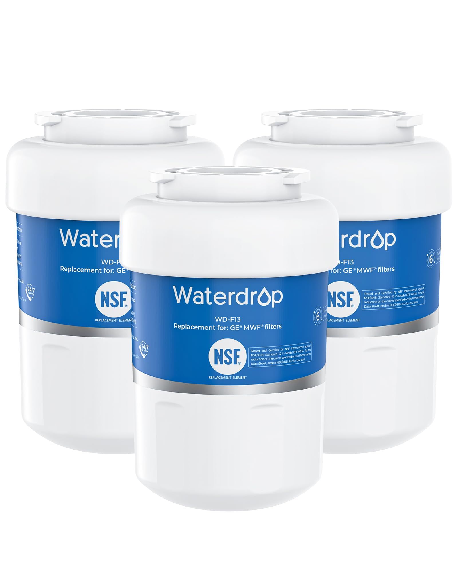Waterdrop WD-F13 Replacement for GE® MWF®, SmartWater® MWFP, MWFINT, MWFA, GWF, HDX FMG-1, Kenmore® 9991, GSE25GSHECSS, WFC1201 Water Filter, 3 Pack