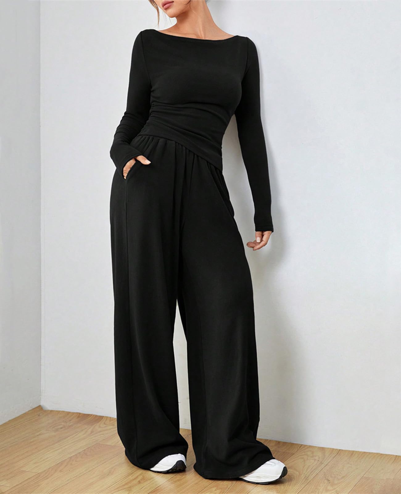 Conjunto Deportivo Mujer Invierno Chándales Chandal Mujer Completo Casual Completo Manga Larga 2 Piezas Suave Top Manga Larga Pantalón Pata Ancha para Fitness Jogging