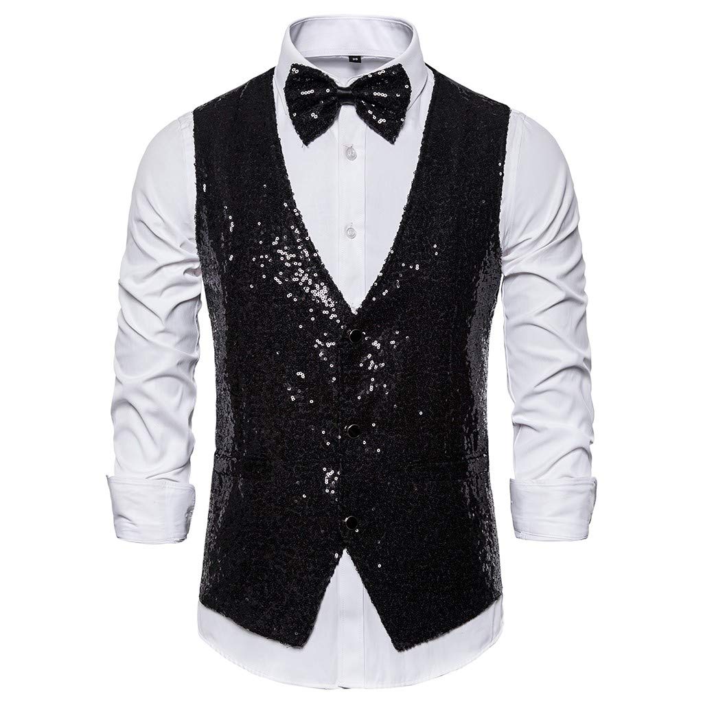 Men's Sparkly Sequin Waistcoat Set with Bow Tie, Ideal for Stage Shows, Hosting & Studio Photography, Sizes S, M, L, XL, XXL, XXXL