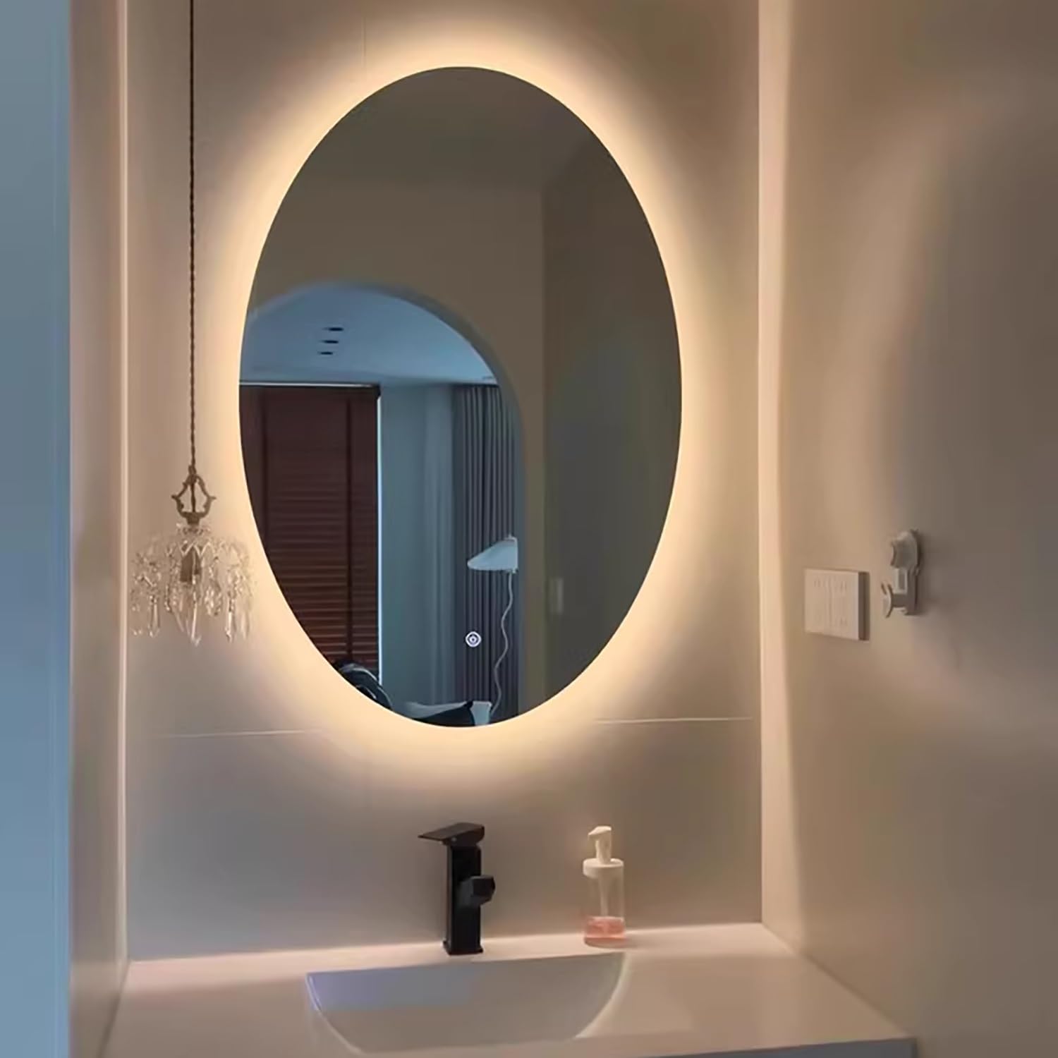 Lustro ścienne podświetlane LED, owalne, 100 cm, duże, bez ramki, z podświetleniem, włącznikiem dotykowym, nieparujące, inteligentne lustro łazienkowe, 3 kolory światła, możliwość ściemniania