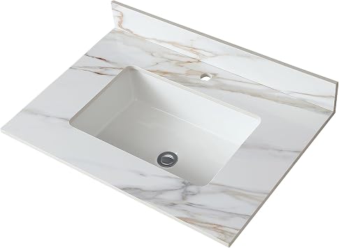 31" Bathroom Vanity Top with Rectangle Ceramic Undermount, Gold Sintered Stone Vanity Sink Tops, Single Hole Vanity Top with Top Backsplash, No Cabinet