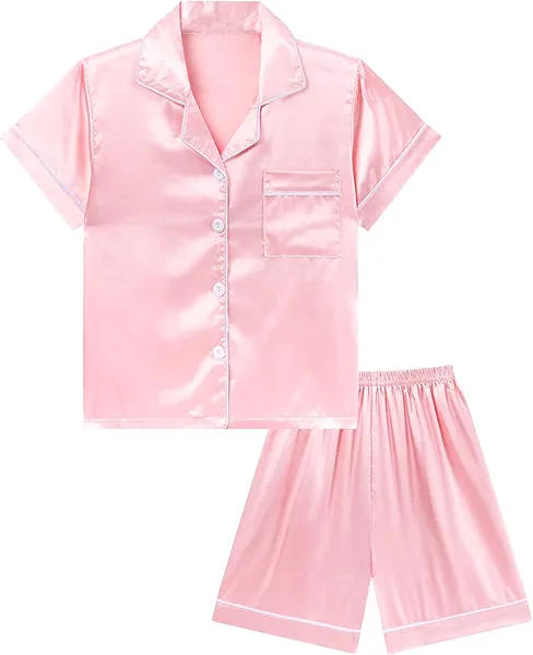 DIPUG Girls Silk Pajamas Set Satin Pjs for Kids Comfortable Nights Sleepwear