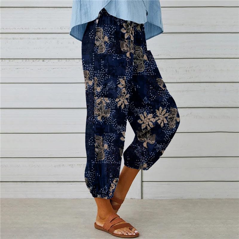 Women's Summer Linen Pants Floral Print Elastic Waist Cropped Pants Drawstring Capris Beach Trousers with Pockets3