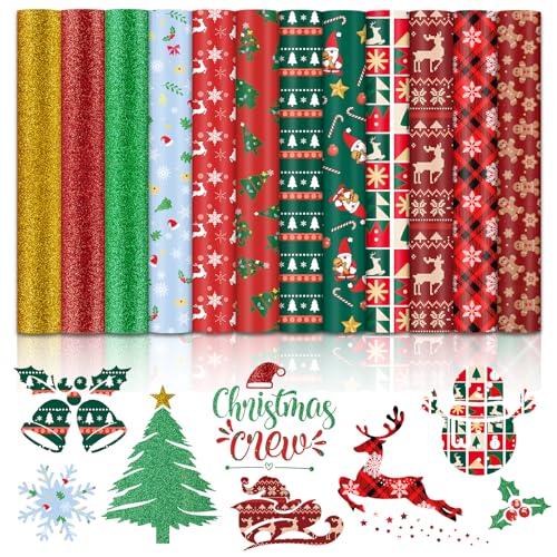 HTVRONT Christmas HTV Heat Transfer Vinyl - 13Pack Patterned Iron-On Vinyl Sheets Buffalo Plaid & Glitter HTV Vinyl for T-Shirts Compatible with Cricut & Silhouette for Christmas Gift