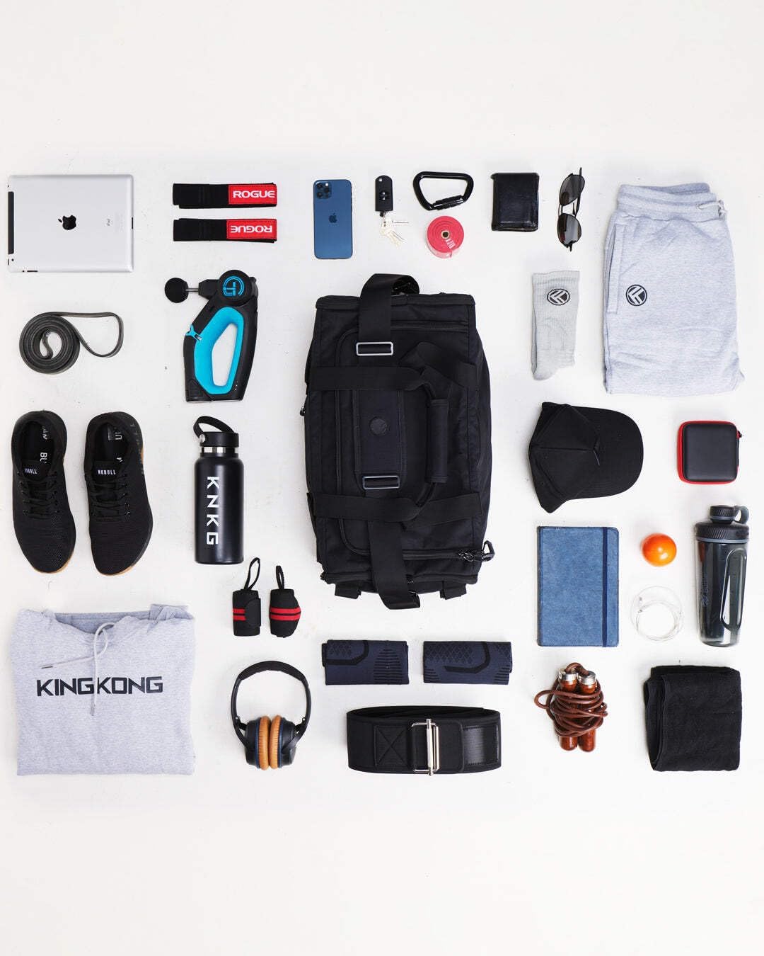 KNKG CORE Duffel Medium 35L - Gym Bag with Lifting Belt Attachment - Durable 500D Nylon, YKK Zippers - Black