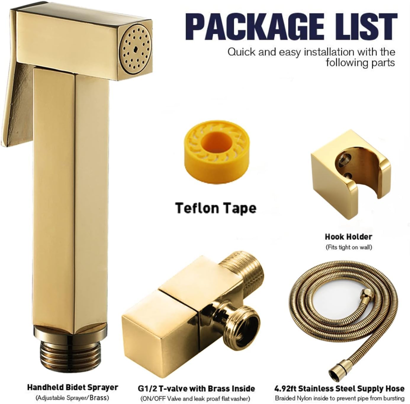 Doccetta Bidet Dorata per WC - Bidet Portatile in Ottone per Igiene Personale, Pulizia del WC, Cura del Pannolino del Bambino - Set Completo di Rubinetto Bidet con Tubo Flessibile B