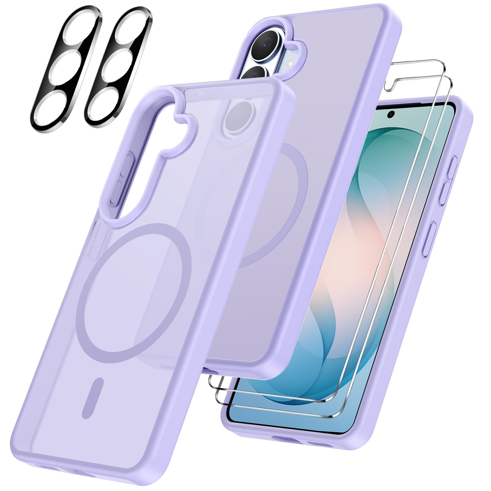 Cover per Samsung Galaxy S26 5G Compatibile con 2 vetri temperati e 2 vetri per fotocamera, Translucent Matte Slim Back PC+TPU Bumper Shockproof Compatible Magnetic Cover - Viola chiaro