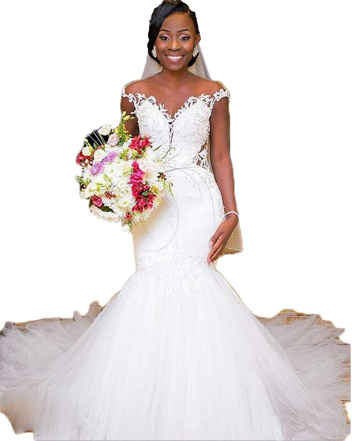 Womens Mermaid Beaded Appliques Lace Tulle Bride Wedding Dress Backless