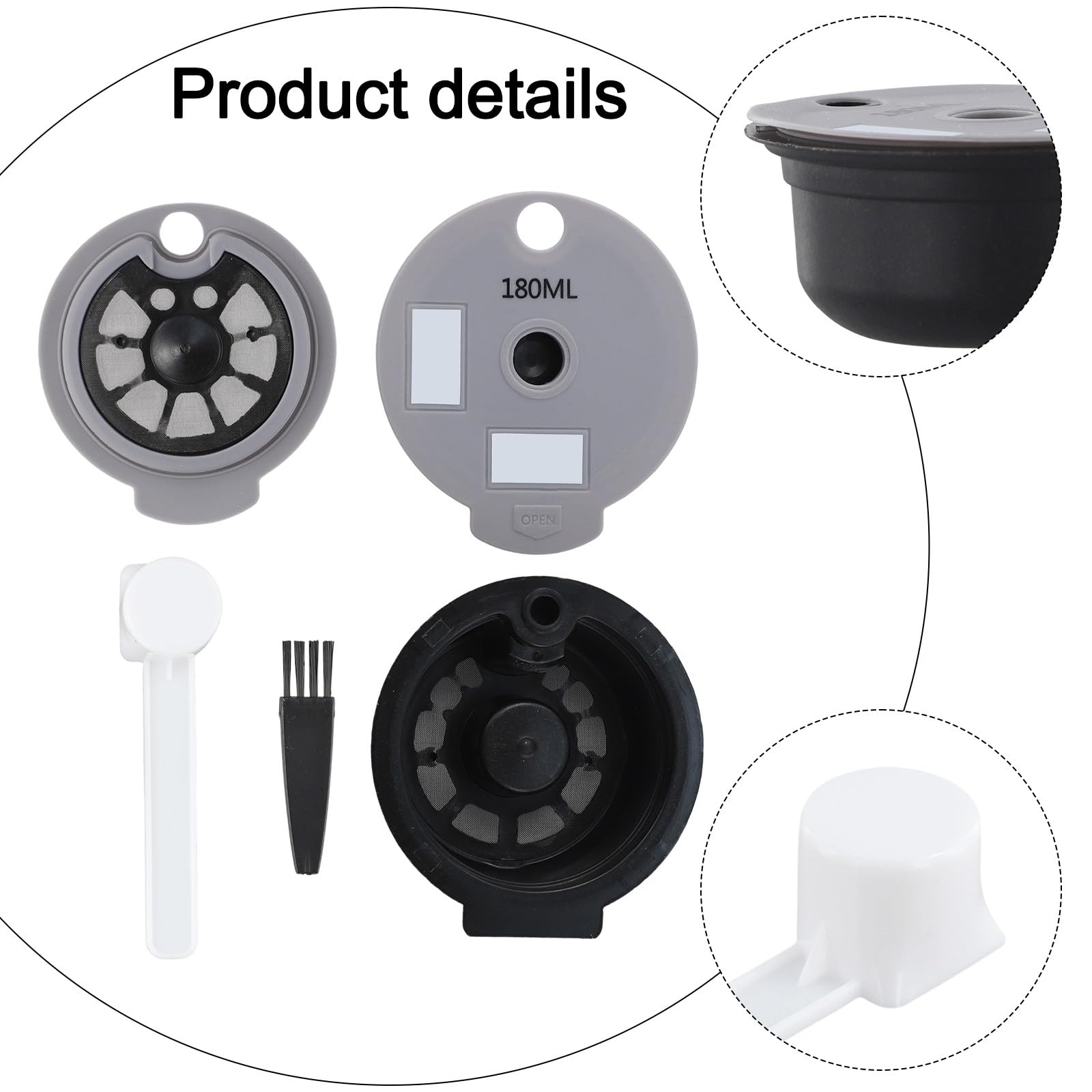 Whychstore Cápsula de café reutilizable para Bosch Tassimo, capacidad de 12 g con tapas de 60 ml y 180 ml, taza recargable gris con cuchara y cepillo