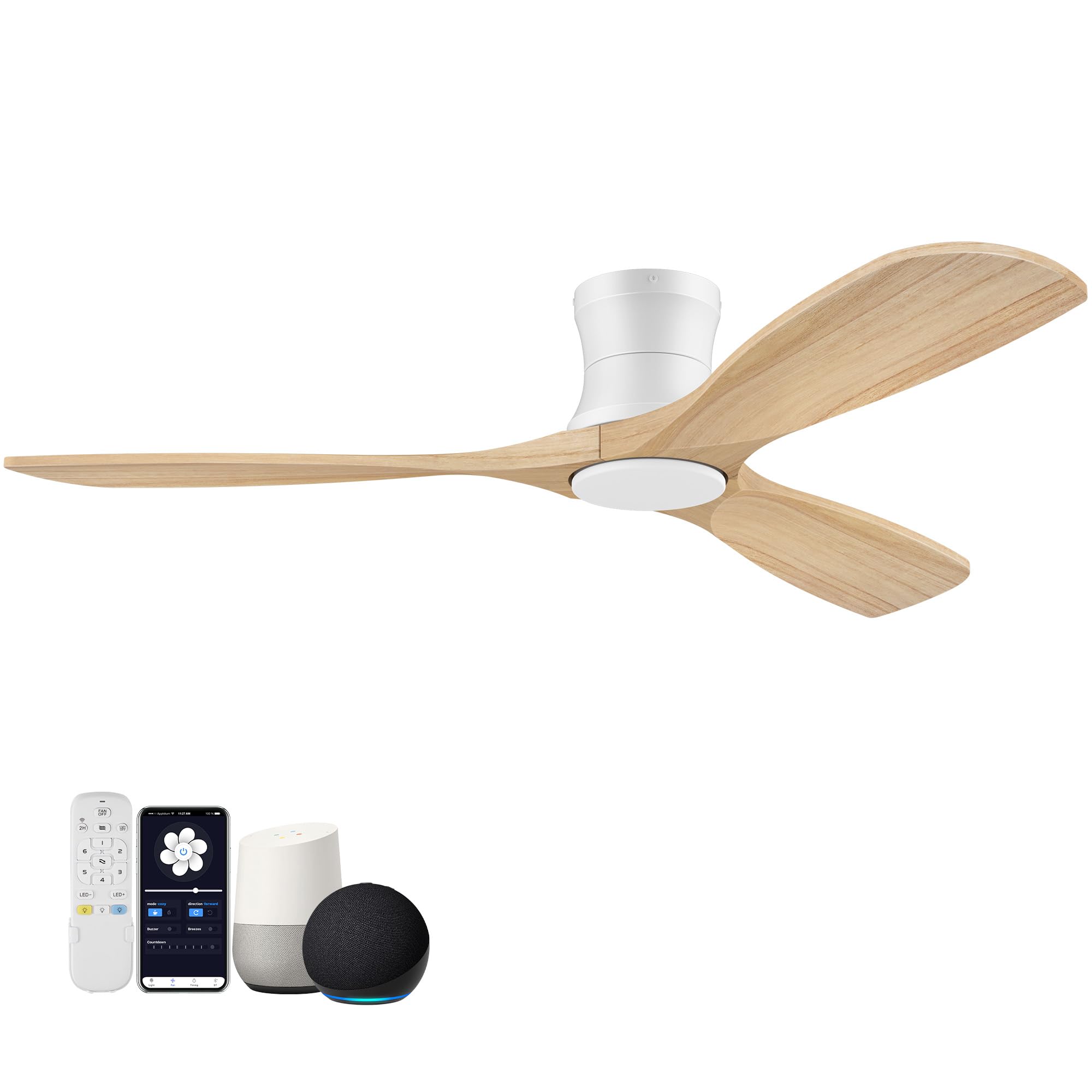 Hoenofly Smart 52” Wood Flush Mount Ceiling Fans with Lights and Remote,Quiet DC Motor,Outdoor Indoor Ultra Low Profile Ceiling Fan works with Alexa WIFI APP,Modern White Ceiling Fan for Bedroom Patio