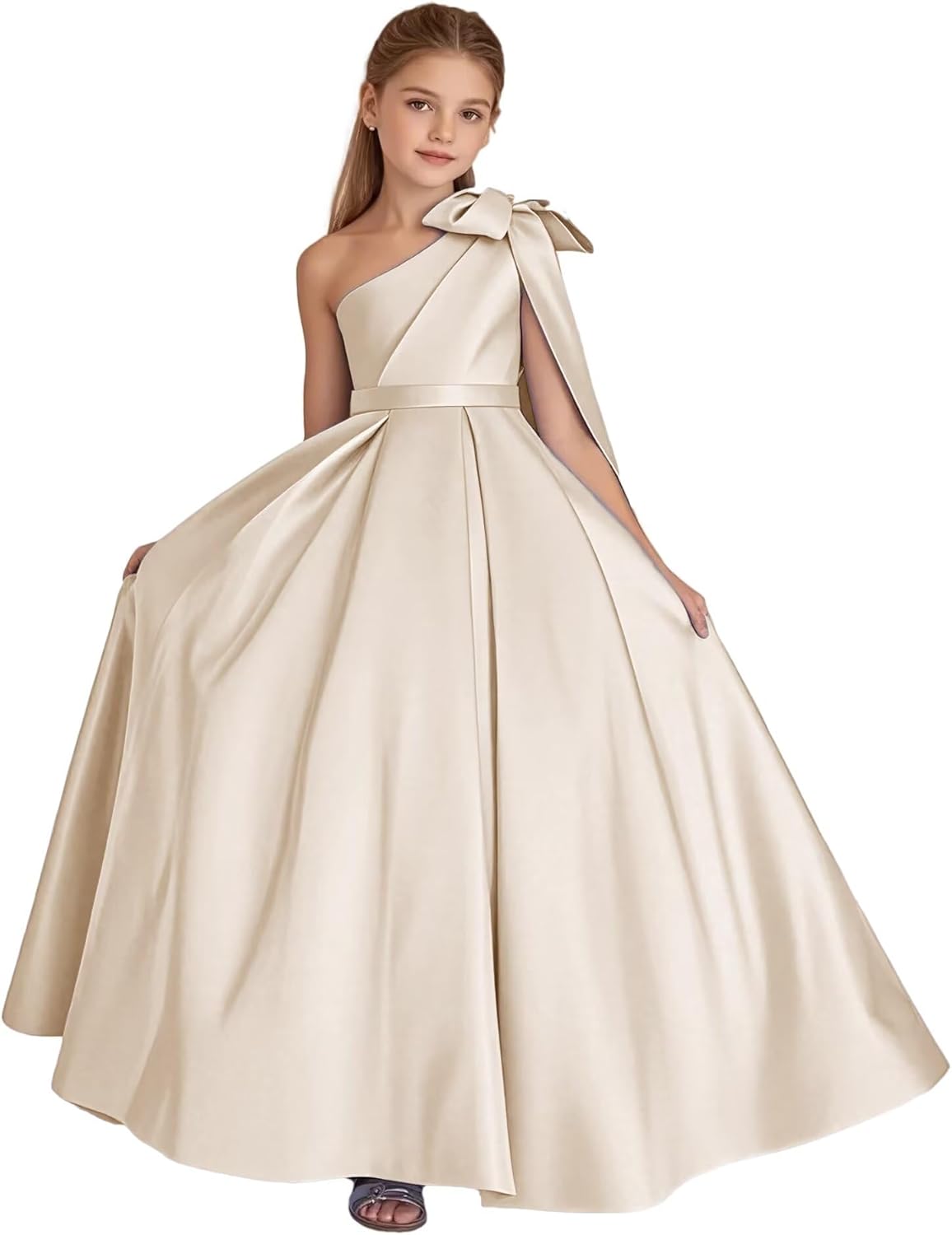 One Shoulder Flower Girl Dress Satin Pageant Dresses First Communion Dress with Bow Ball Gown