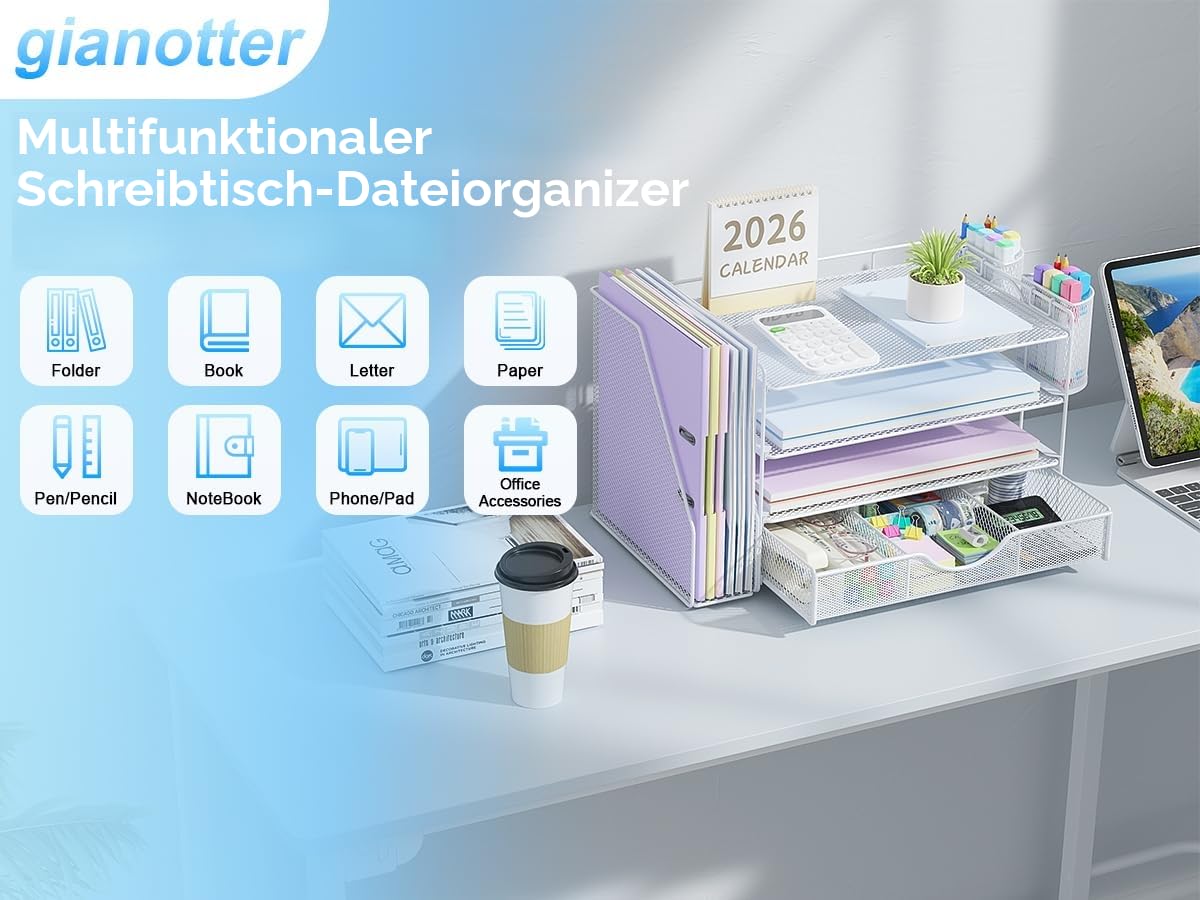 gianotter Briefablage aus Papier mit Aktenhalter, 4-stöckig, Schreibtischzubehör und Arbeitsplatz-Organizer mit Schublade und 2 Stifthaltern, Schreibtisch-Organizer und Zubehör für Bürobedarf (Weiß)