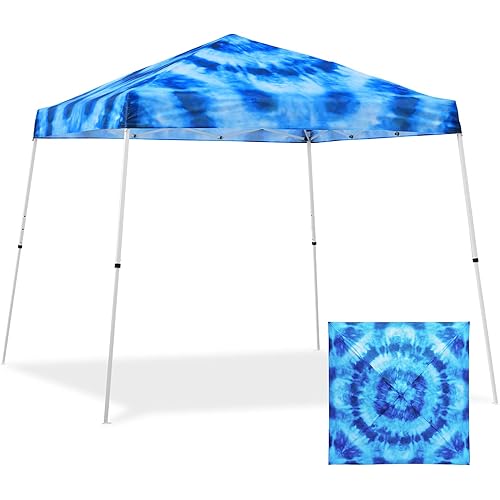EAGLE PEAK 10x10 Slant Leg Pop-up Canopy Tent Easy One Person Setup Instant Outdoor Beach Canopy Folding Portable Sports Shelter 10x10 Base 8x8 Top (Tie Dye Blue)