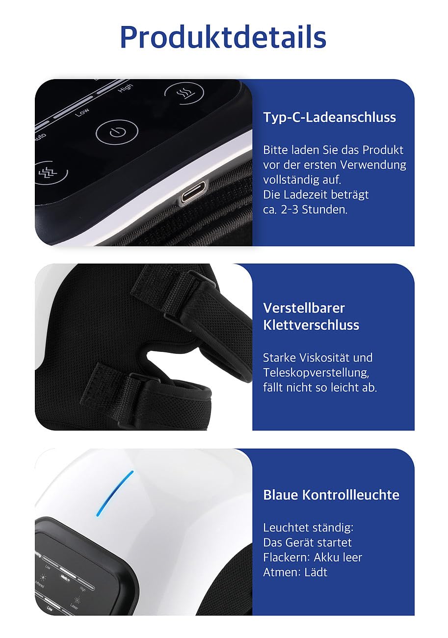 Newgen Medicals Kniemassage: Akku-Knie-Massagegerät mit Infrarot-Tiefenwärme, LED-Touchscreen (Akku Kniemassagegerät, Knie-Massage-Geräte, Laser)