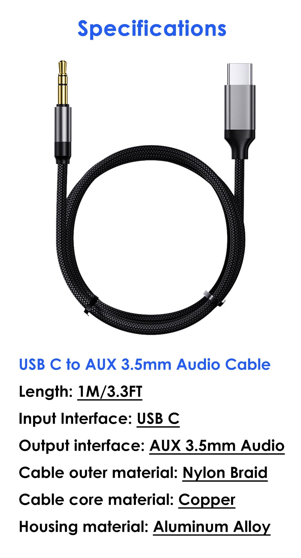 Kabel USB C do Jack 3,5 mm AUX 1 m, Kabel Audio USB C na Słuchawek, Kabel Stereo Samochodowy, Kompatybilny z iPhone 17/16/15, iPad, Samsung Galaxy S25 S24 S23 A56 A36 A16, Google Pixel 9/8, i innymi