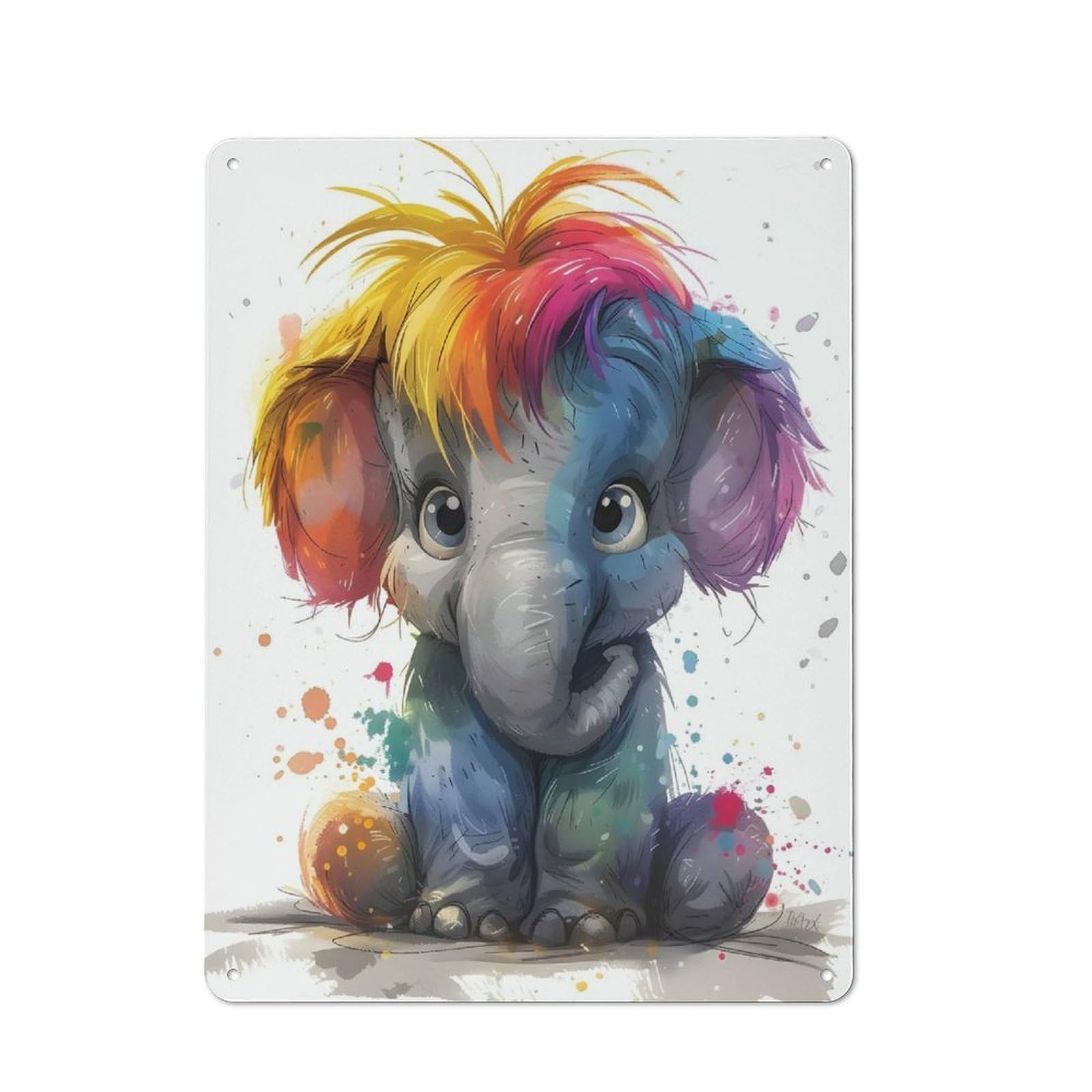 Retro Metal Plaque 40x30cm Featuring Rainbow Elephant, Bistro Wall Plaque for Bakery, Diner, Cafe Or Family Room