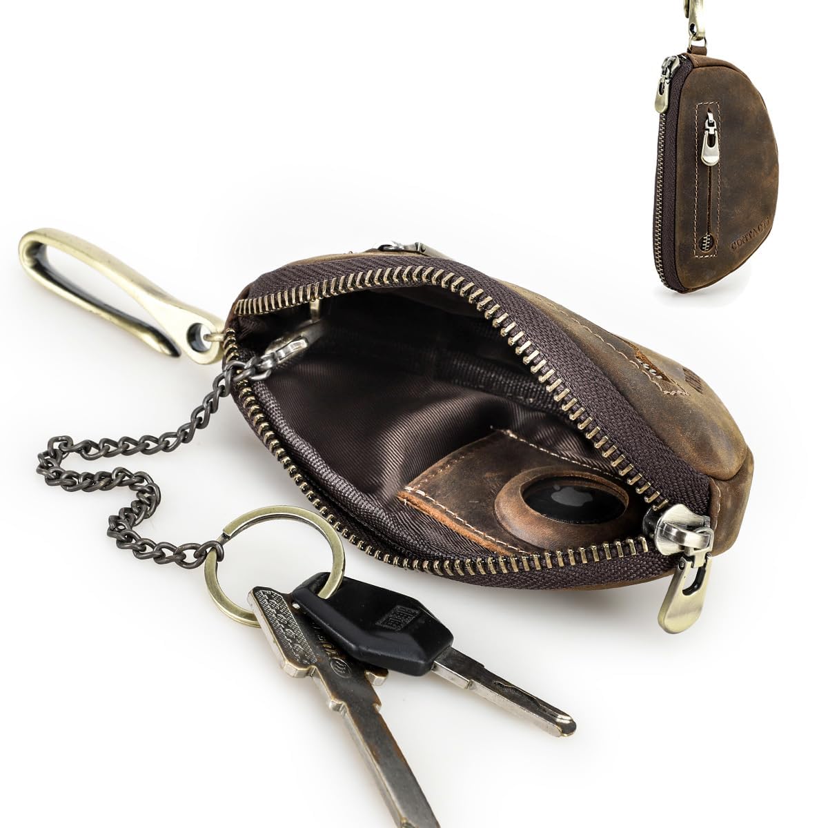 Sam's Design Genuine Leather Wallet Zipper Airtag Key Holder Unisex Key Chain Organizer Coin Puse Dark Brown