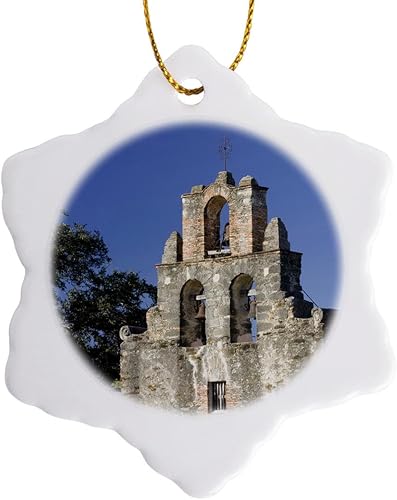 3dRose ORN_94615_1 Texas, San Antonio, Mission Trail Mission Espada-US44 WBI0273-Walter Bibikow-copo de nieve, adorno de porcelana, 3.0in