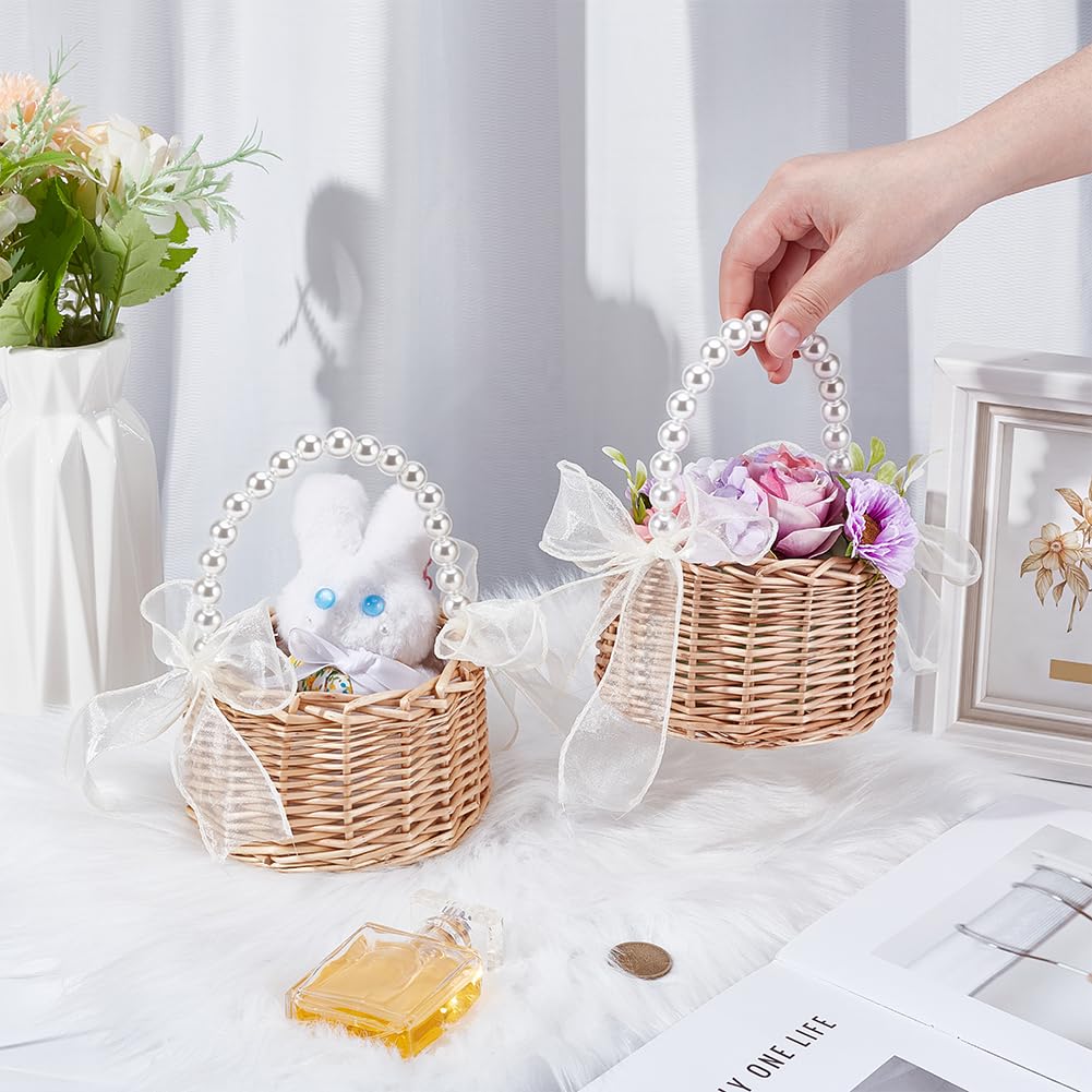 6 panier à Fleurs en Rotin Tressé Petit Panier en Rotin Tressé avec Anse en Perle Nœud en Ruban et Doublure en Plastique. Paniers à Fleurs Féeriques Paniers Tressés pour Œufs et Bonbons