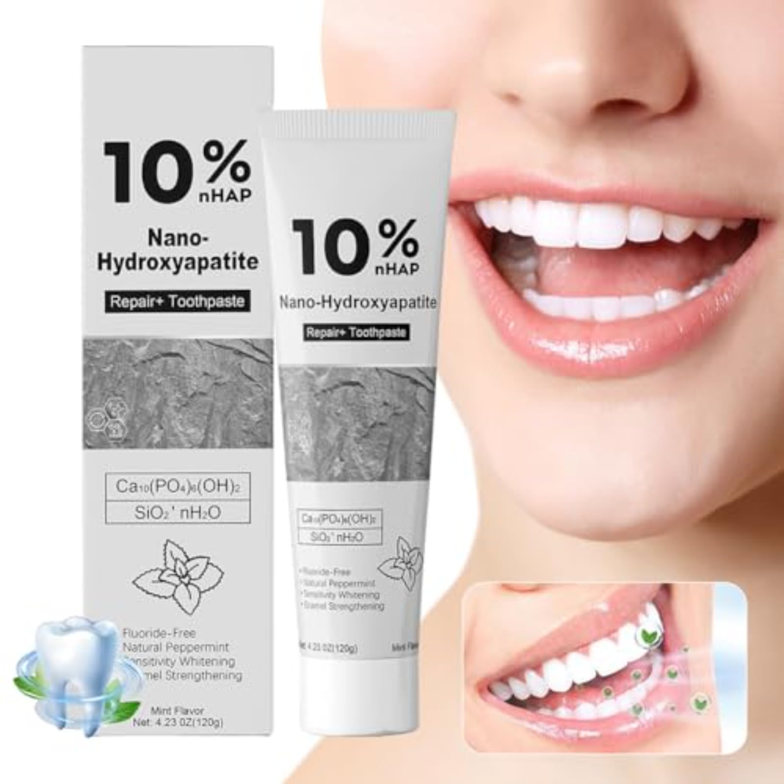 Dentifricio Nano Idrossiapatite Al 10% - Senza Fluoro,riparazione E rimineralizzazione dello smalto,Sbiancamento E Protezione Della Cavità Per Denti Sensibili,Sapore Di Menta Fresca,120 G (5pcs)
