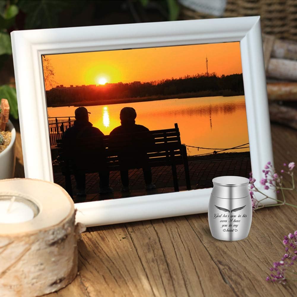 Personalized Small Keepsake Urn for Ashes - Mini Cremation Urn in Stainless Steel - God Has You in His Arms, I Have You in My Heart